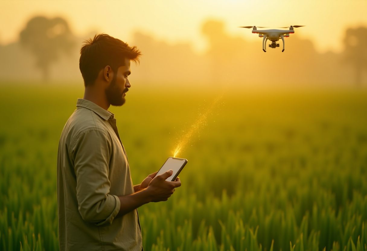 Young farmer using a tablet while a drone flies over a paddy field at sunrise