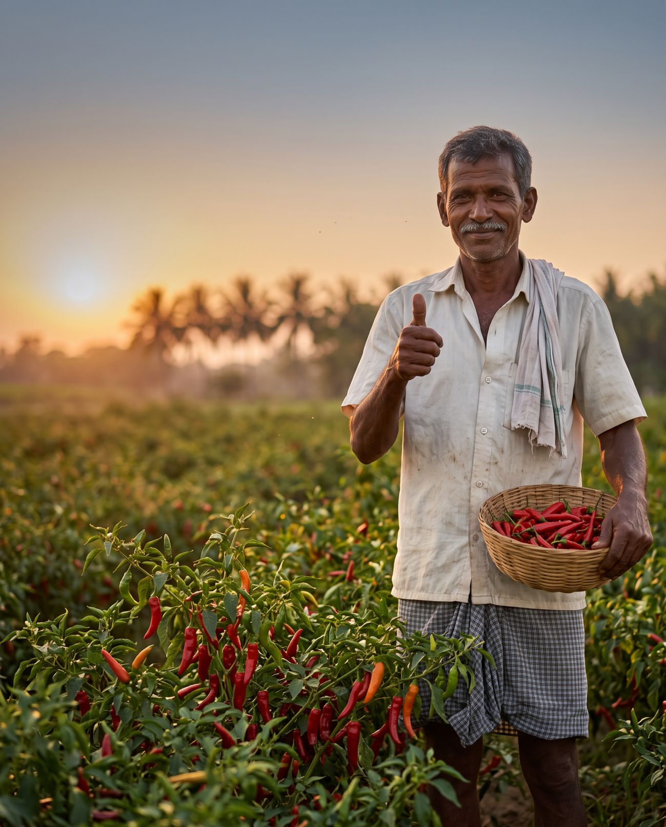 Smiling farmer holding a phone in his field