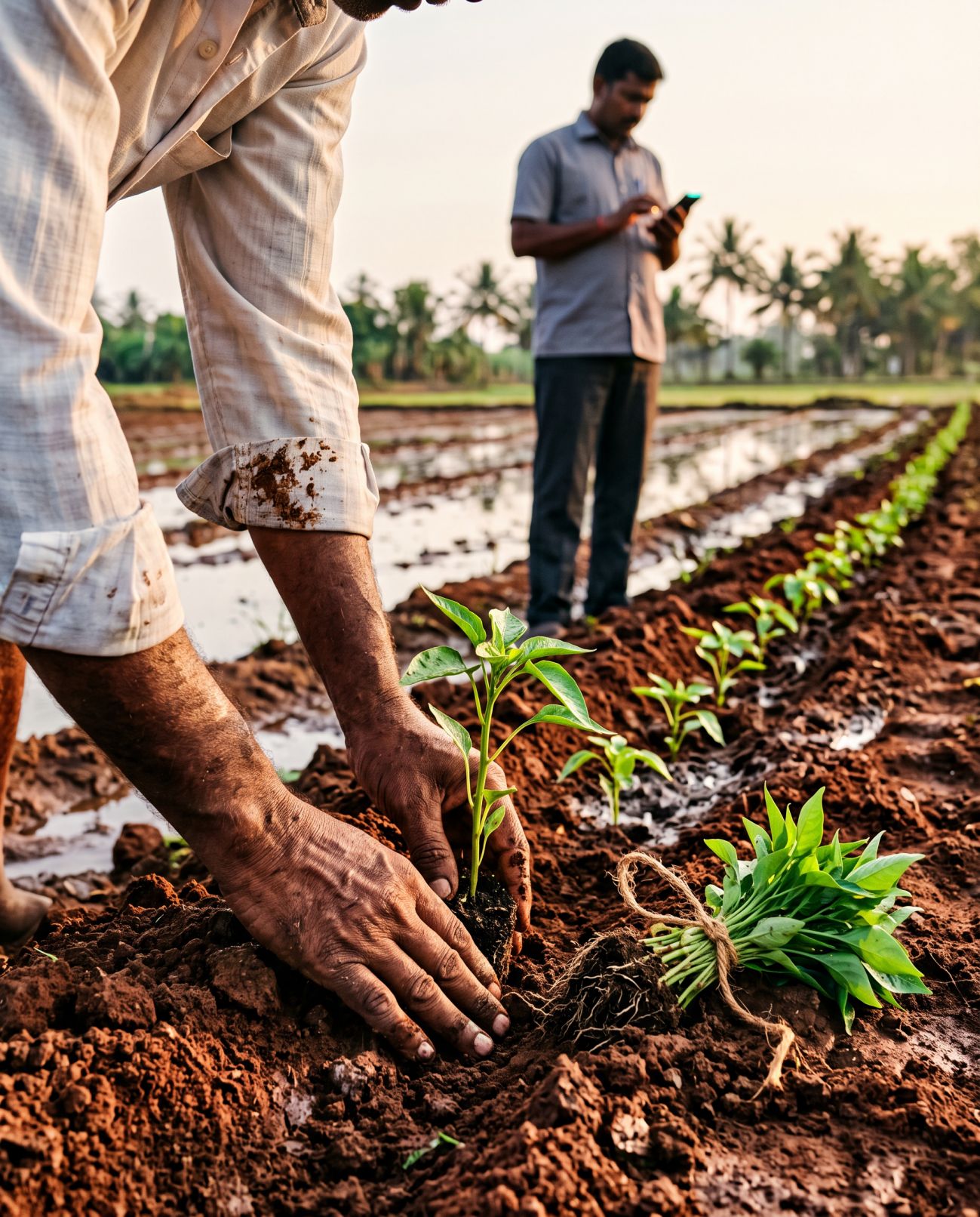 Farmer sowing seed into fresh furrows at sunset