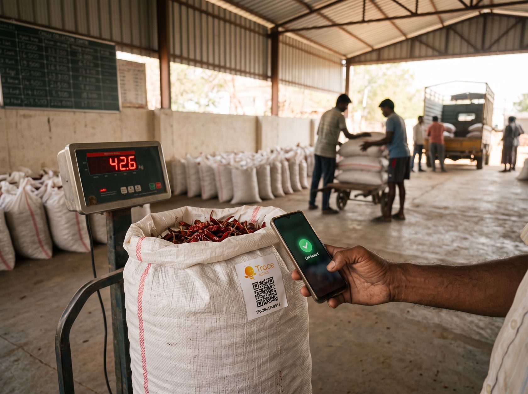 Chilli sacks in a godown with Trace AgTech QR labels linking each lot to its farms
