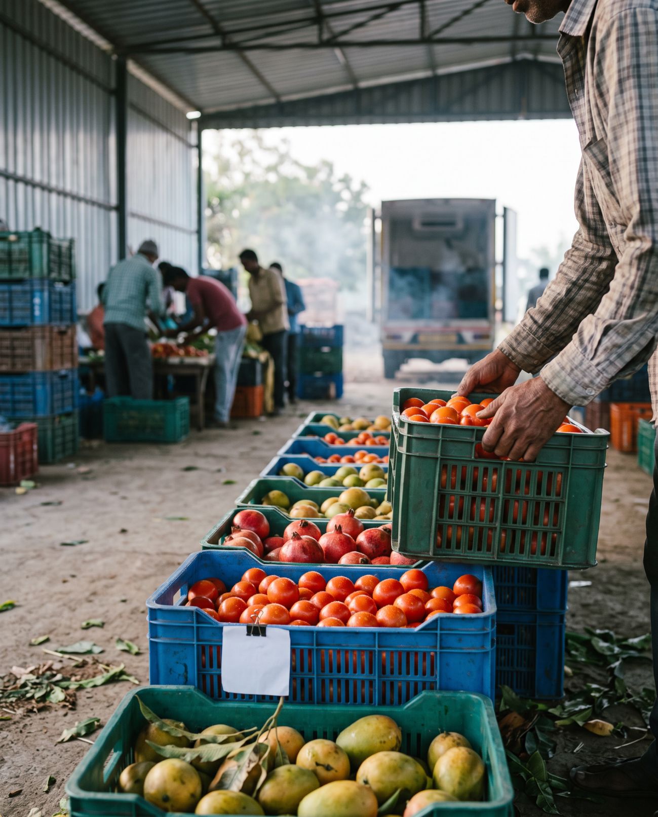 Crates of freshly harvested fruits and vegetables packed at a collection centre