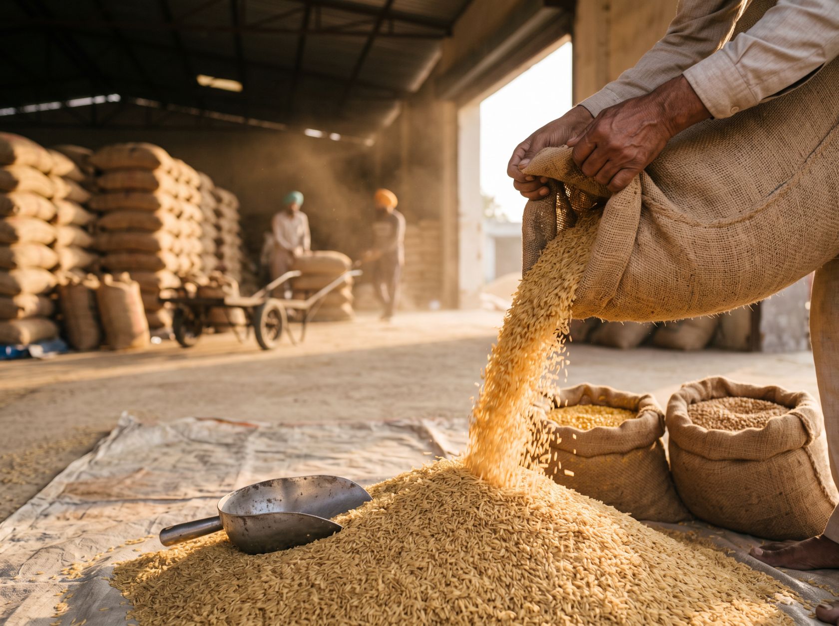 Basmati rice grains poured from a sack at a procurement centre
