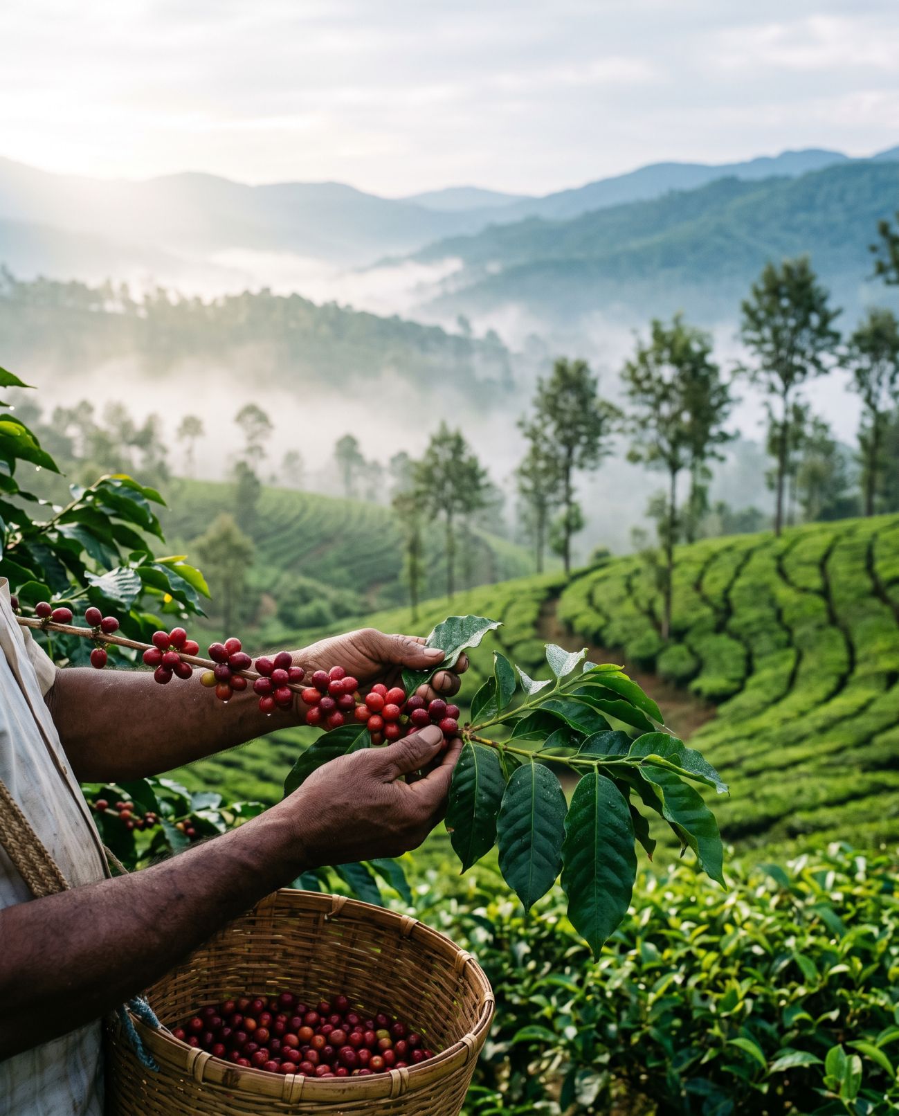 Misty plantation estate with neat rows of tea and coffee on a hillside