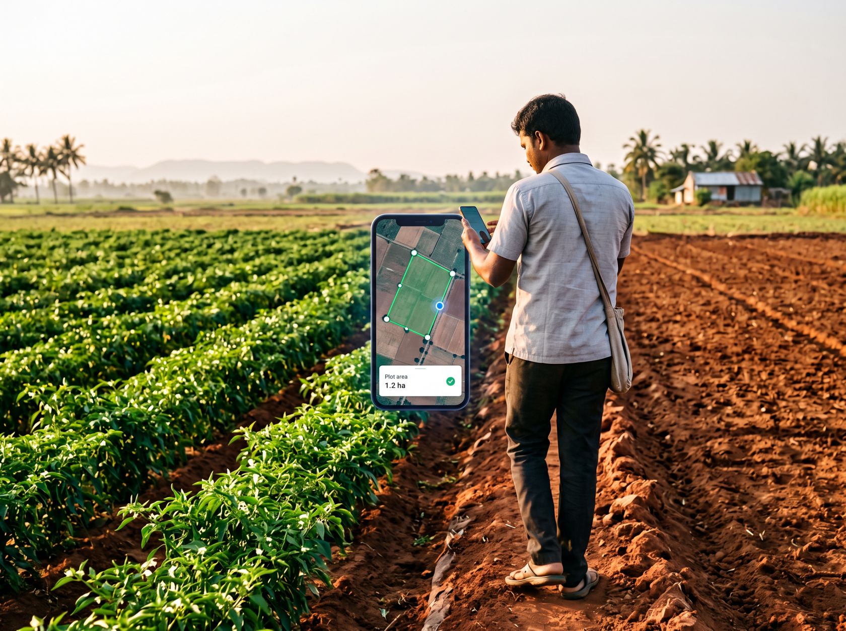 Farmer in a paddy field holding a phone showing a plot map