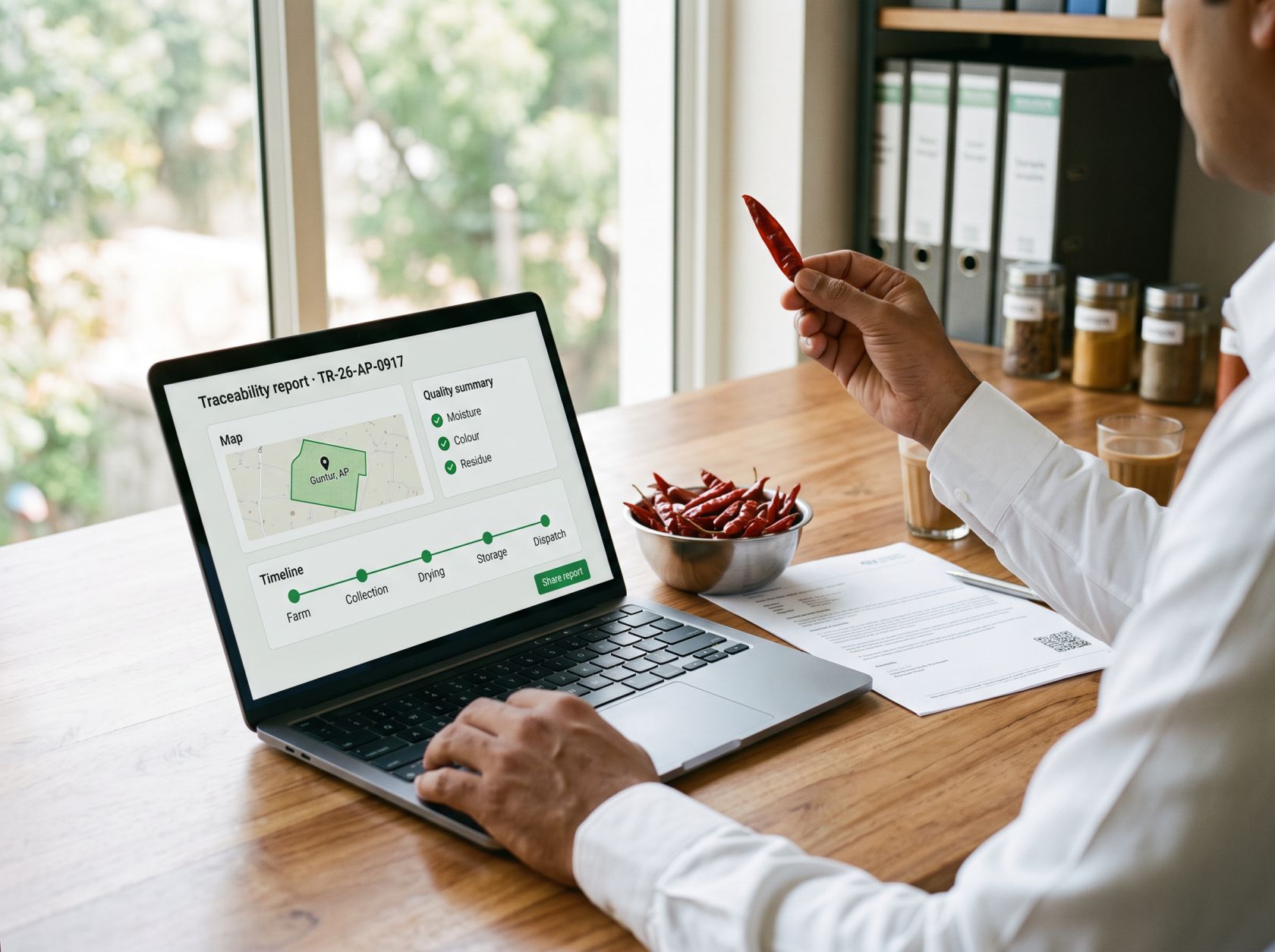 Buyer reviewing a Trace AgTech traceability report showing origin, quality and chain of custody