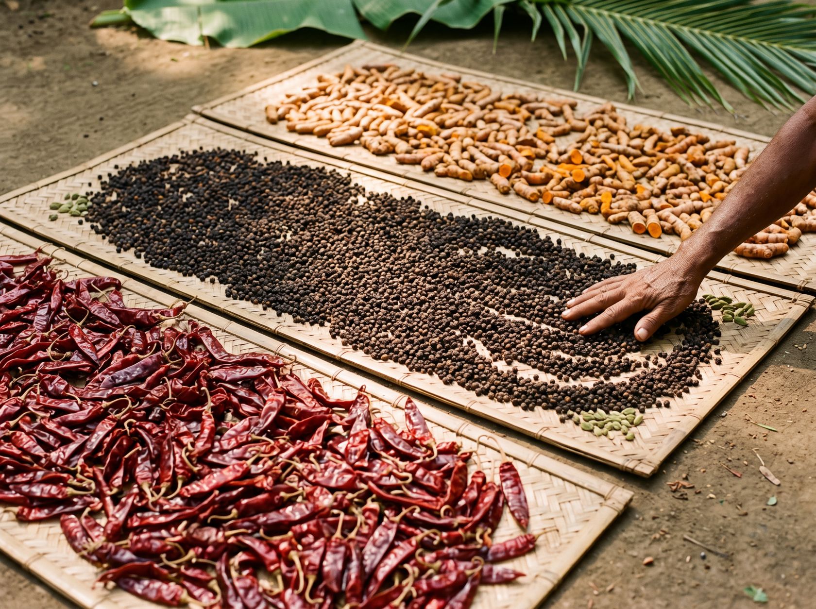Red chillies, black pepper and turmeric drying on woven mats in the sun
