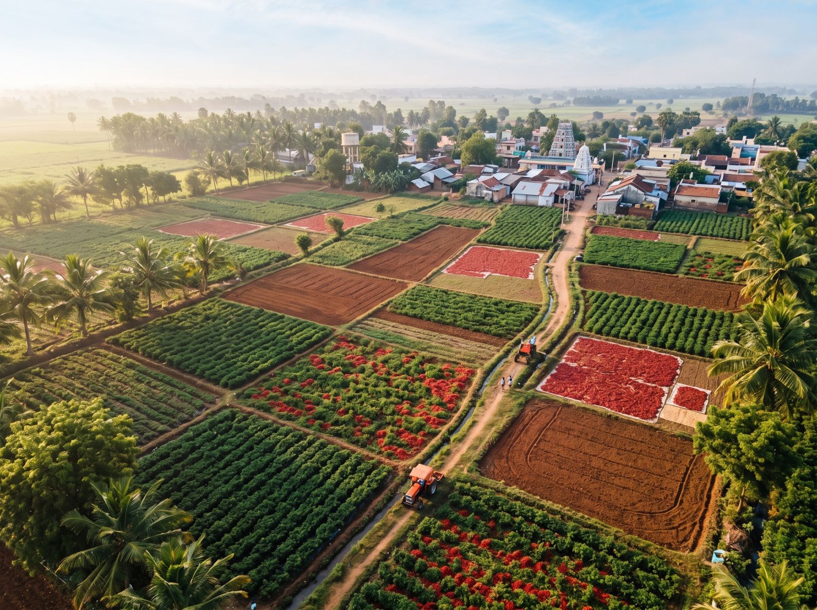 Chilli farms across a village landscape near Guntur, set up as one grower network in Trace AgTech